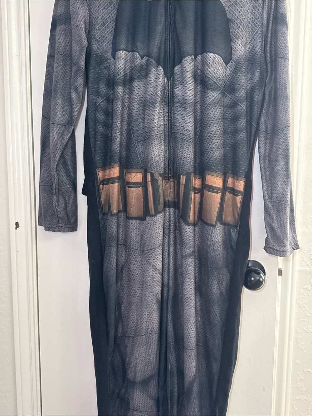 DC Comics Women’s Long Sleeve Gray & Black Bat Suit Dress with Gold Belt Print